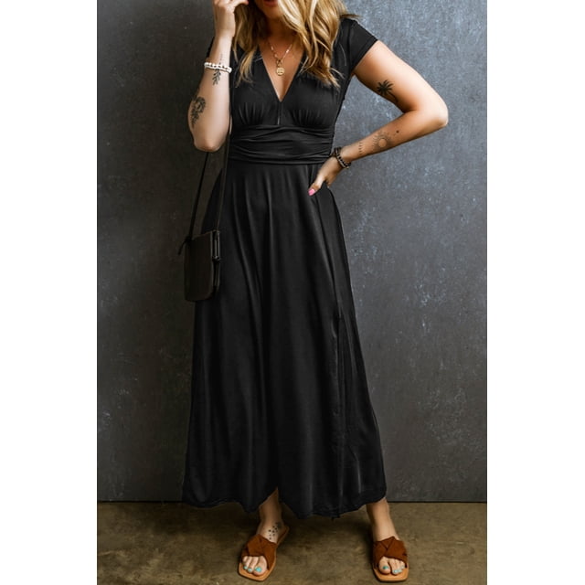 a.Jesdani Robe Maxi Élégante Noire Froncée - Taille Haute, Col en V, Chic pour Toutes les Occasions