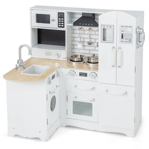 Gymax Coin de l'enfant Kitchen Playset Chef en bois Play avec ustensiles de cuisson & Réfrigérateur