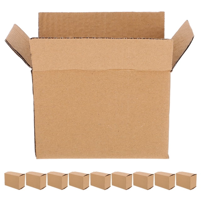 AURARMLET 10pcs empty boxes for packaging made of corrugated cardboard in light yellow. The image features one open box in the foreground with nine smaller boxes displayed below, showcasing their robust design, easy assembly, and versatility for moving, shipping, and reusable storage.