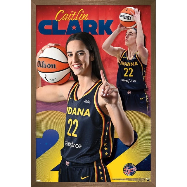 WNBA Indiana Fever - Caitlin Clark 24 Affiche Murale Mettant en Vedette Caitlin Clark en Indiana Fever Uniforme de basketball Bleu Marine Numéro 22 Tenant un Ballon de basketball Wilson et Pointant vers le Haut, avec un Fond Graphique Rouge et Jaune et Encadré de Bois.