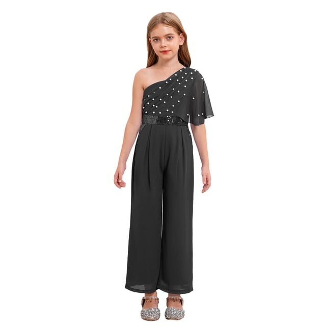 Sinleey Girls Ruffled Sequins Jumpsuit One Shoulder Wide Leg Long Pants Romper Wedding Prom Playsuit Black 8