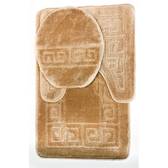 WPM WORLD PRODUCTS MART Ensemble de 3 Tapis de Bain Motif Tapis de Salle de Bain (20"x32 Pouces)/grand Tapis Contour (20"x20 Pouces) avec Housse de Couvercle (Beige)