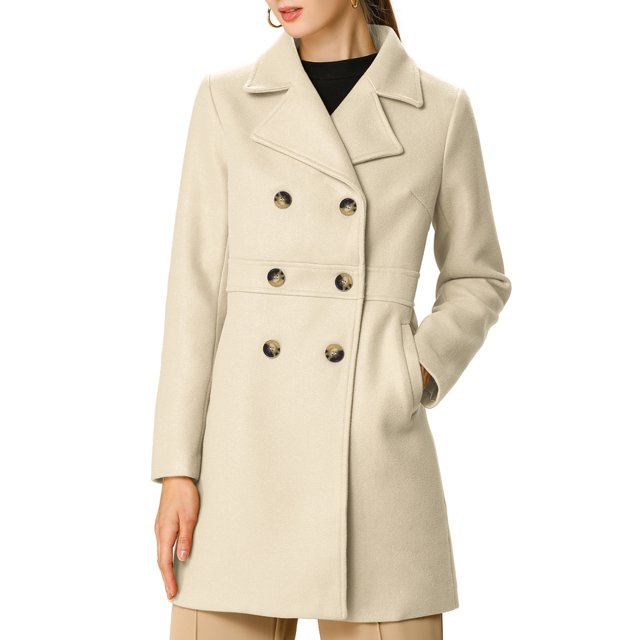 Unique Bargains Manteau Mi-Long à Double Boutonnage pour Femme à Revers Cranté