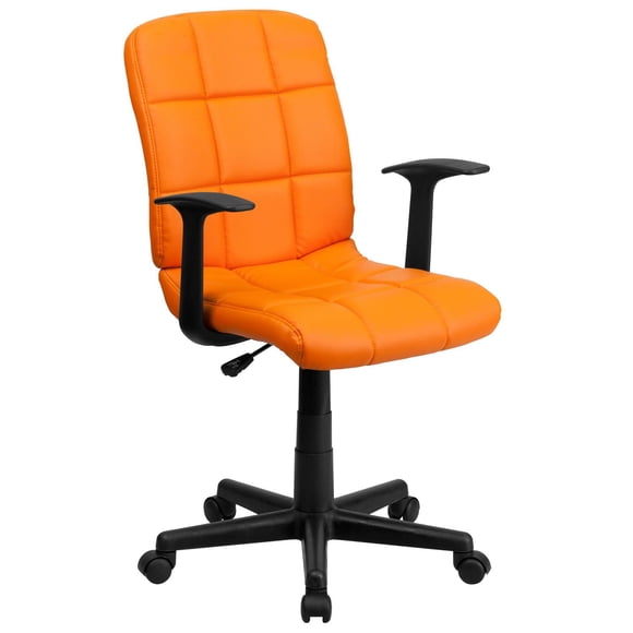 Chaise de travail pivotante en vinyle orange matelassé à dossier mi-hauteur avec appuis-bras