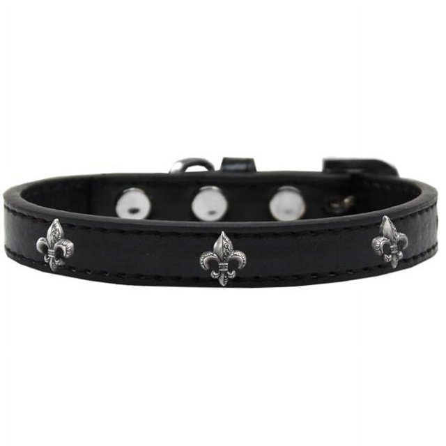 Argent Fleur de Lis Widget Chien Collier Noir Taille 16