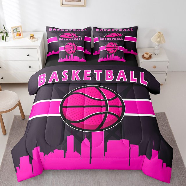 YST 7-Piece Gamer Bedding Comforter Set, Sports Theme, Black Pink, Full Size
