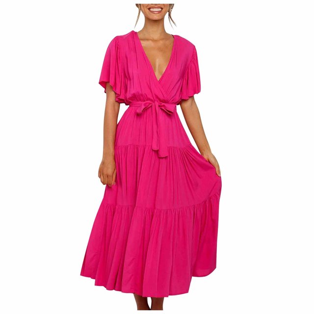Birdeem Womens Casual Fashion Solid Color V-Neck Lace-Up Flared Sleeve Splicing Dress