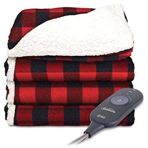 Sunbeam Jeté Électrique - Peluche Impériale Réversible avec Sherpa - Sherpa de Qualité Supérieure et Ultra Doux avec 3 Réglages de Chaleur et Arrêt Automatique de 3 Heures, Carreaux Rouge et Noir sur Sherpa Blanc, 50 x 60