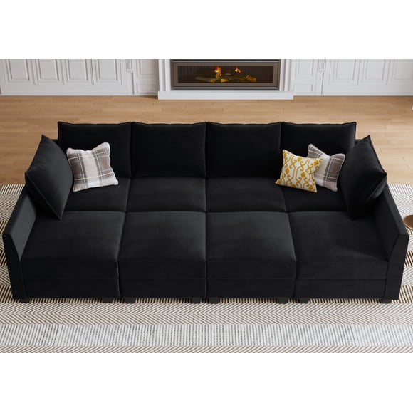 HONBAY Velvet Convertible Sectional Sleeper Sofa Couch with Storage for Living Room, Black