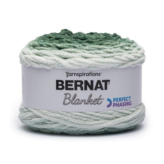 Bernat® Blanket Perfect Phasing Yarn, 100% polyester super bulky #6 chenille-style yarn skein with a seamless gradient from dark green to white, 10.5oz/300g and 220 yards, suitable for knitting, crocheting, and weaving projects.