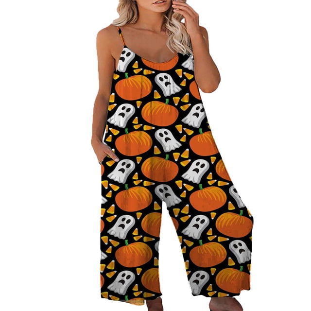 MesaSe Halloween Combinaisons Imprimées Citrouille Bat pour Femmes Combinaisons Amples avec Poches