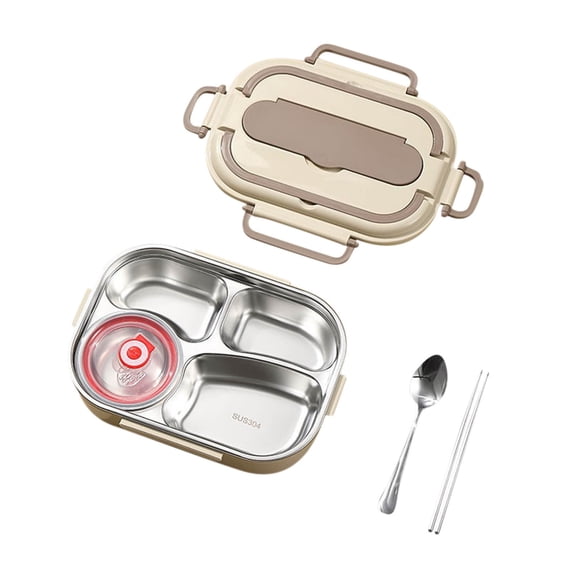 Stainless Steel Lunch Box 28 cm x 20 cm x 7.5 cm With Built-in Chopsticks And Spoon Double Layer Insulation Microwave Safe Refrigerator Safe