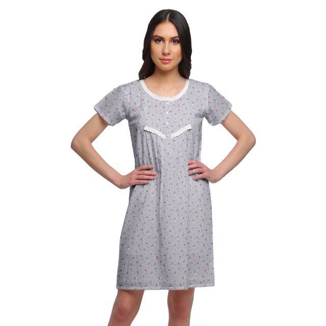 Moomaya Chemise de Nuit à Manches Courtes Imprimée pour Femmes, Col Rond, en Coton, Vêtement de Nuit