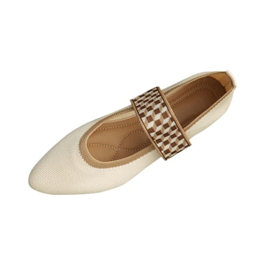 Ballerines pour Femmes à Bout Pointu Ajourées, Tricot Imprimé, Lavables, Confortables, Habillées, Mary Jane, Beige