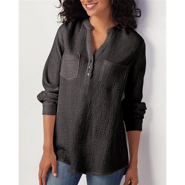 Chemises Unies à Col en V pour Femmes avec Poche en Coton Lin Blouses Amples