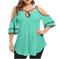 thumbnail image 1 of Yuyuzo Cold Shoulder Tops for Women Plus Size Ruffle Short Sleeve Shirts Keyhole V Neck Pleated Irregular Hem Blouses, 1 of 6