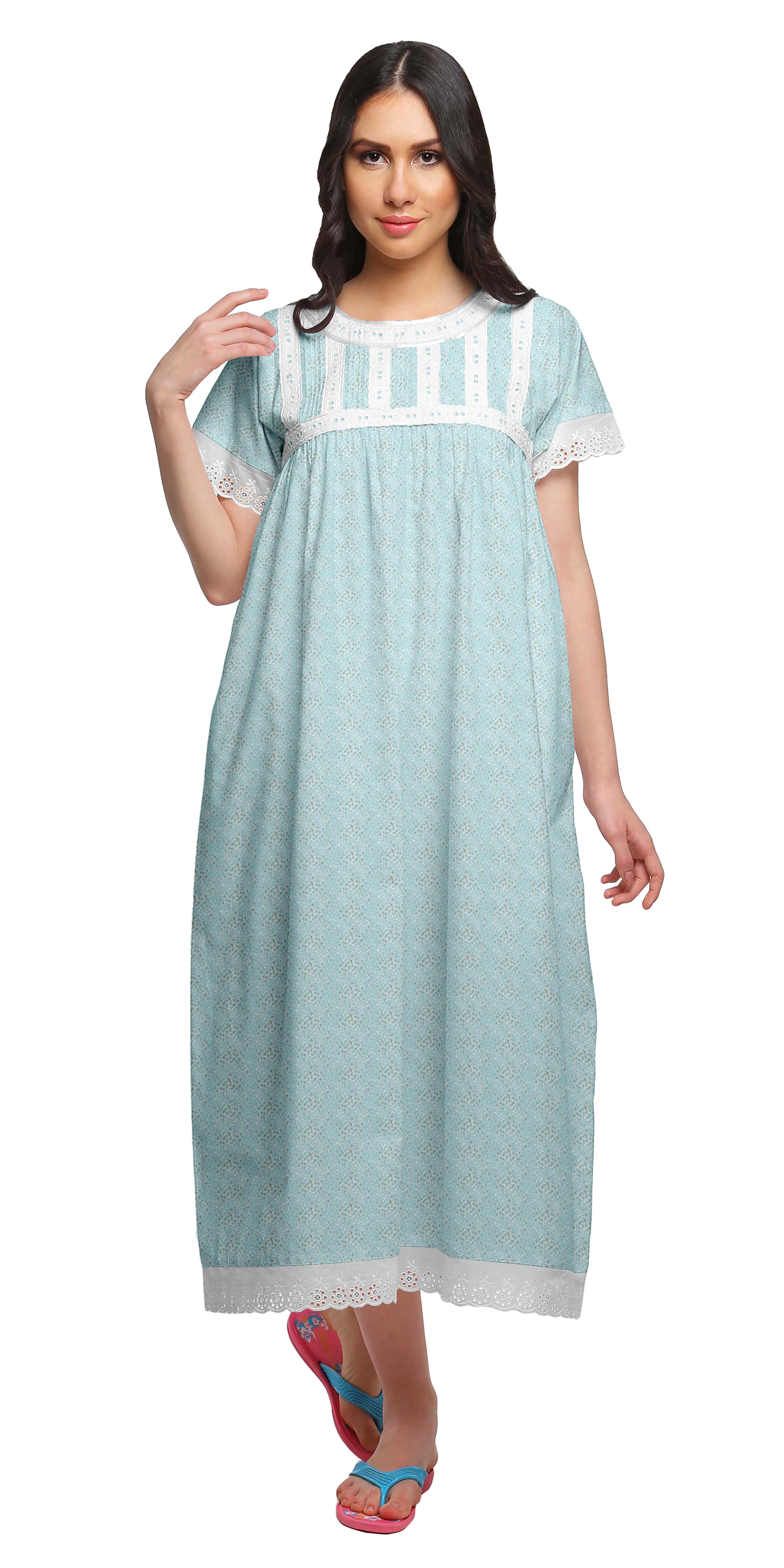 Moomaya Chemise de Nuit Maxi Boutonnée à Manches Courtes Imprimée pour Femmes en Coton