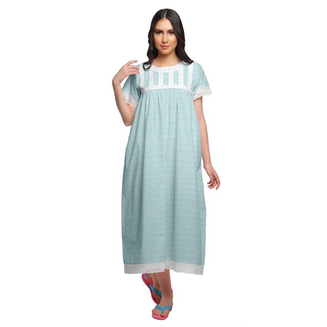 Moomaya Chemise de Nuit Maxi Boutonnée à Manches Courtes Imprimée pour Femmes en Coton