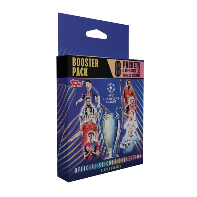 2024-25 Topps Champions League Stickers - Blaster Box containing 51 stickers. The packaging features vibrant graphics of soccer players, the Champions League trophy, and the Topps logo. Includes 8 regular packs and 1 mini pack. Designed for collectors of the 2024-25 Champions League season.