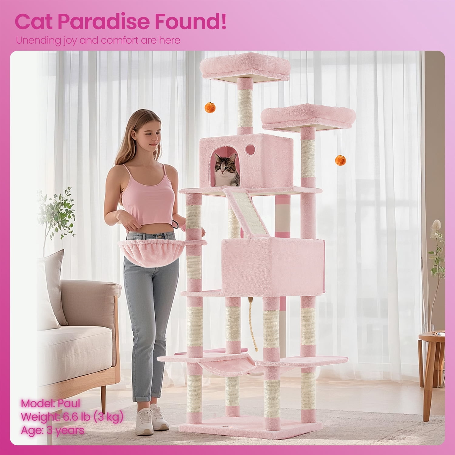 Large Cat Tree with 13 Scratching Posts, 2 Perches, Hammock, for Indoor Cats, Pink