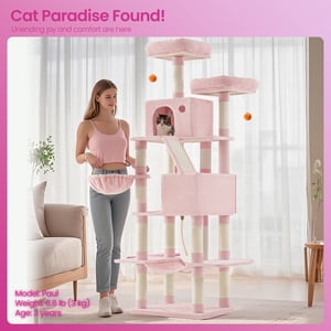 Grand arbre de chat avec 13 Postes de fouille, 2 Perches, Hamac, pour Chats Intérieurs, Rose