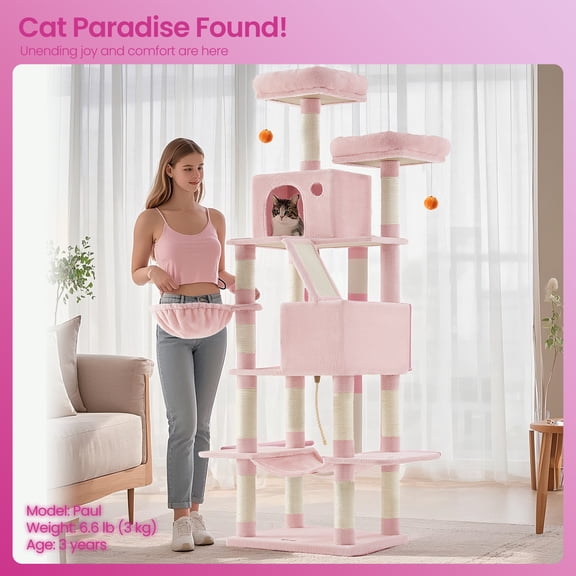 Large Cat Tree with 13 Scratching Posts, 2 Perches, Hammock, for Indoor Cats, Pink