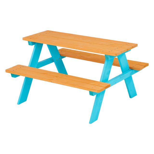 Teamson Kids Table Ensemble et Chaises de Pique-Nique, Pièce de Mobilier d'Extérieur pour Enfants avec Plateau en Bois Naturel et Bancs Assortis à une base Bleu aqua Vibrante. Fabriqué en Bois de Pin durable avec une Finition Résistante aux Intempéries, Cet Ensemble Comprend des Sièges Intégrés et Est Parfait pour les Pique-Niques, les Bricolages et les Jeux Extérieurs.