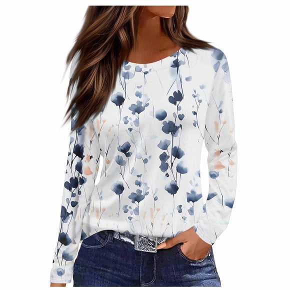 lcziwo Long Sleeve Shirts for Women 2024 Loose Fit Casual Floral Print Crew Neck T Shirts Fall Lightweight Comfy Tunic Tops White