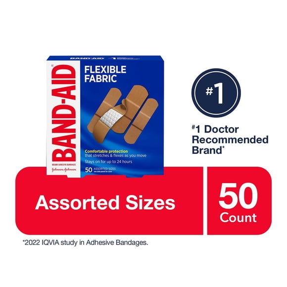 Pansements adhésifs en tissu Band-Aid, tailles assorties, 50 unités – Tissu à mémoire de forme pour un ajustement confortable, retrait en douceur, protège les petites coupures et éraflures