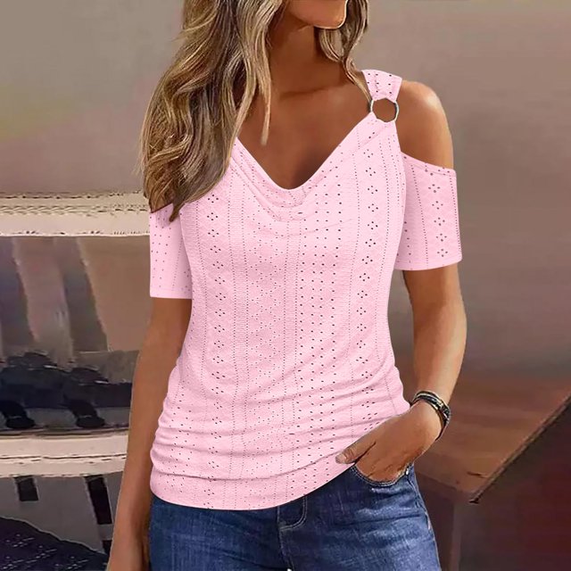 asjyhkr Womens off Shoulder Tops Summer Short Sleeve Breathable Lightweight Tees Solid Color Tshirts