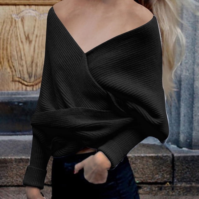 RXIRUCGD Women's Casual Solid Color Irregular Pullover Solid Color Sweater Shawl( Black )