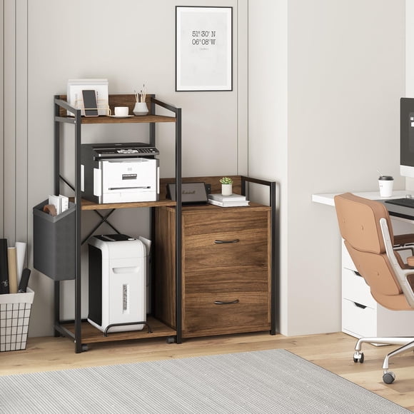Smart Wooden Printer Stand with Built-in Power Strip and LED Lights, Featuring a 2-Drawer File Cabinet and Open Shelf for A4/Letter Size Home Office Organization,Brown