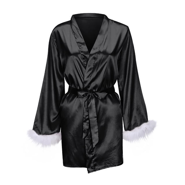Ersazi Pajamas For Girls Women'S Sexy Solid Color Feather Robe 1 Piece Set In Clearance Black Xl