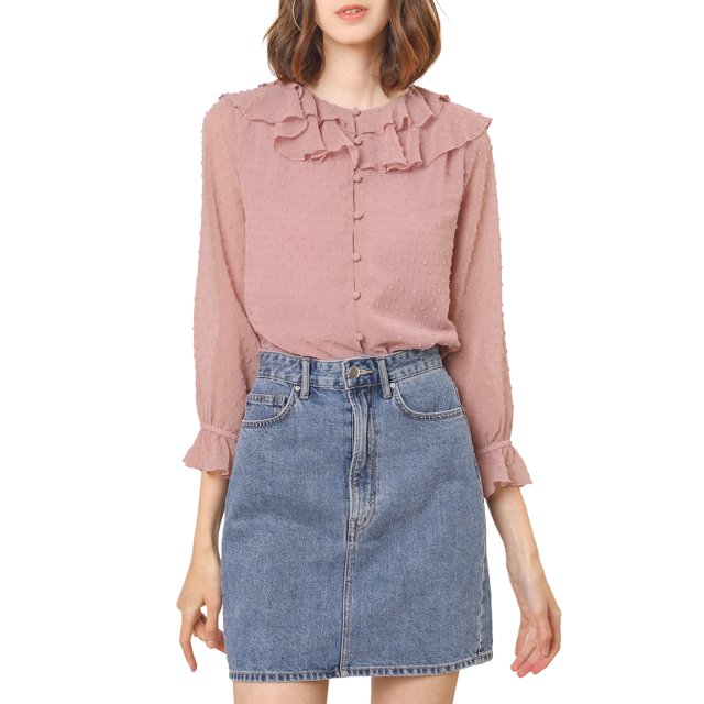 INSPIRE CHIC Women's Ruffle Neck Polka Dots Sheer Chiffon Blouse