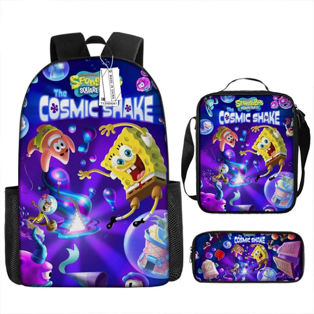 Cartoon Backpack Pencil Case Spongebob Squarepants Primary And Secondary School Students Large Capacity School Bag Three-Piece Set by WEVALLEY. Includes a backpack, pencil case, and small satchel, all featuring vibrant Spongebob Squarepants 'The Cosmic Shake' graphics on a purple background. Ideal for kids backpacks and school supplies.