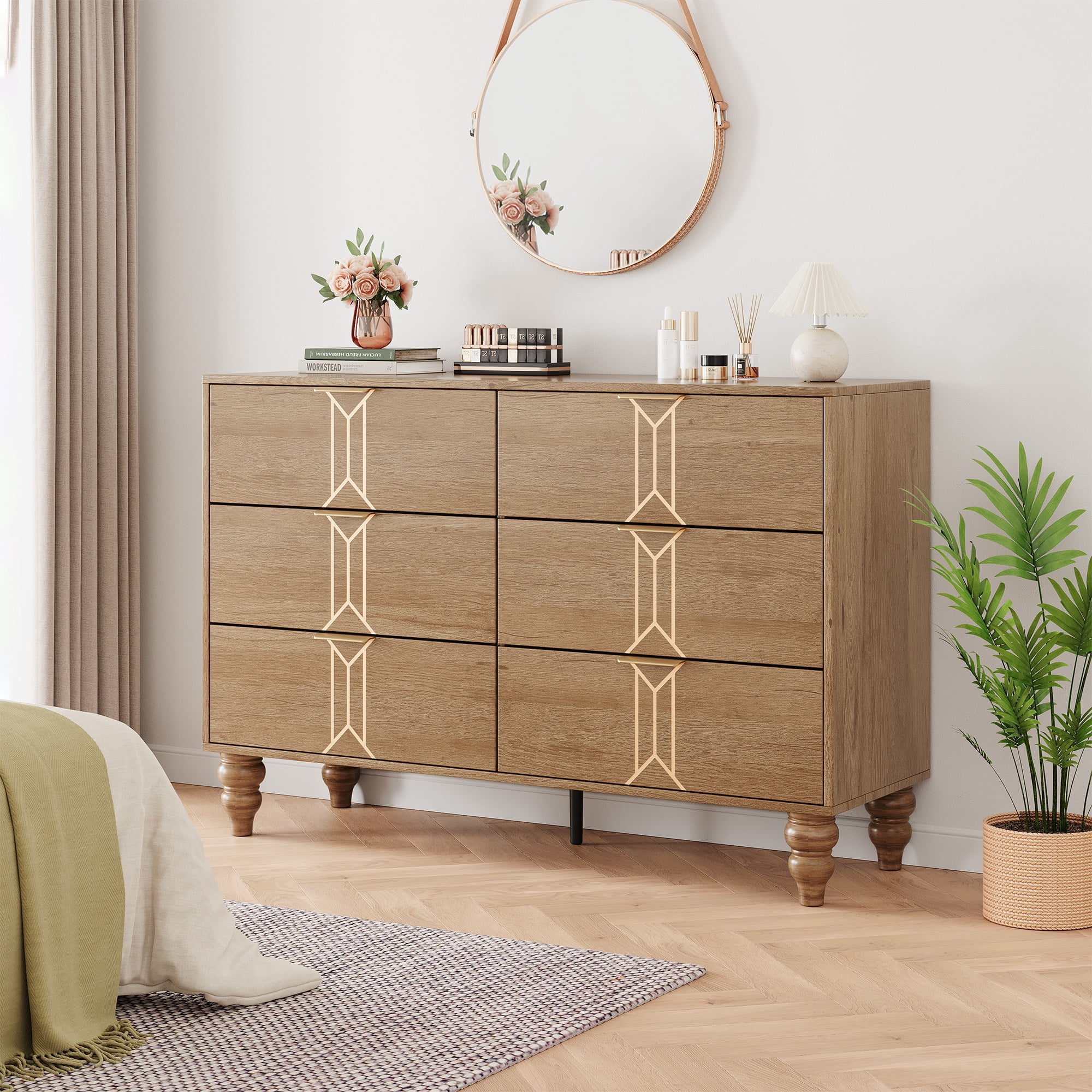 6 Drawer Dresser with Deep Drawers , Modern Wooden Chest Dresser with Deep Drawers for Bedroom
