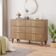 Modern Wooden 6 Drawer Dresser with Vintage Pattern Design, Chest Dresser with Deep Drawers for Bedroom, Living Room and Entryway,
