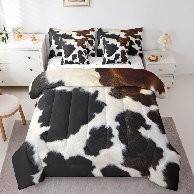 Cow Pattern Comforter Set Queen,Cowhide Pattern Sheet Set White Brown Rustic Home Decor 7-Piece Bedding Set,Abstract Animal Theme Bed Cover For Kids Boys Girls Teens
