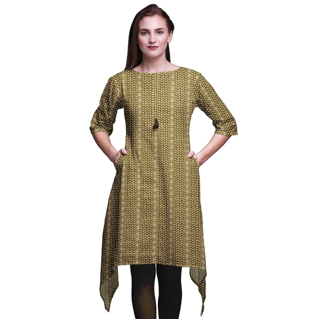 Bimba Kurti Asymétrique Brun à Imprimé Champignon et Cachemire pour Femmes, Robe d'Été Indienne Tunique Très Grande