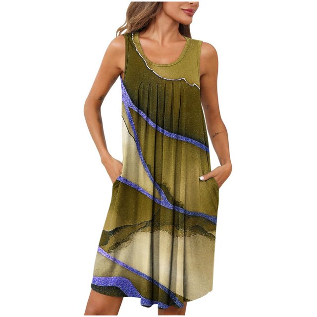Ovzne Robes pour Femmes Robe Femme Imprimé avec Poches Chemises de Nuit Sans Manches Vêtements de Nuit devant Plissé Nuisette Col Rond Robe de Nuit Robe de Vacances Imprimée Liquidation