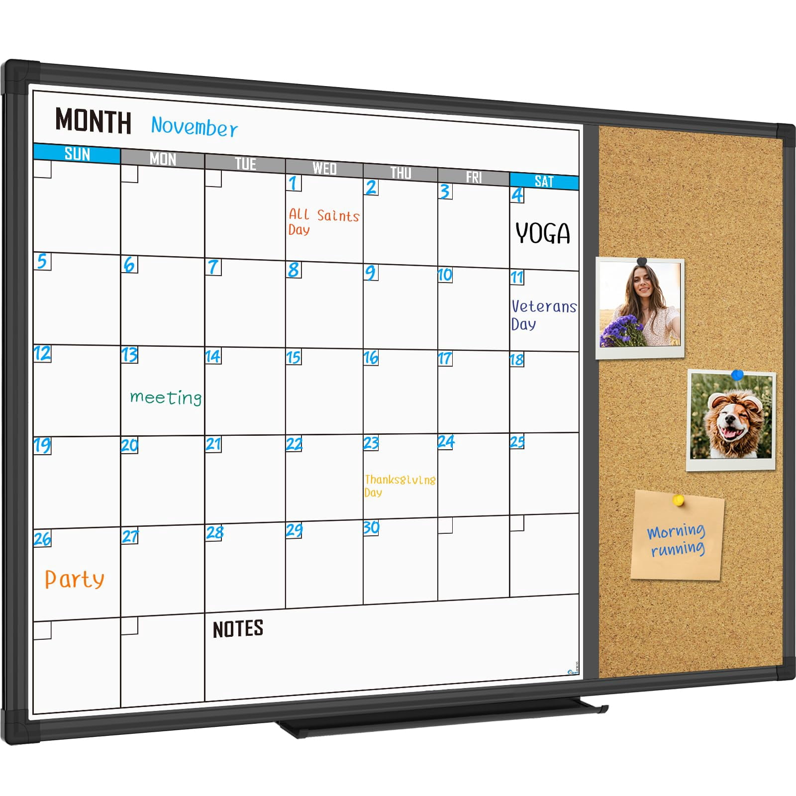 XBoard Dry Erase Calendar Whiteboard 28 X 20 - Combo White Board Calendar Monthly, Magnetic White Board + Corkboard with Black Aluminum Frame