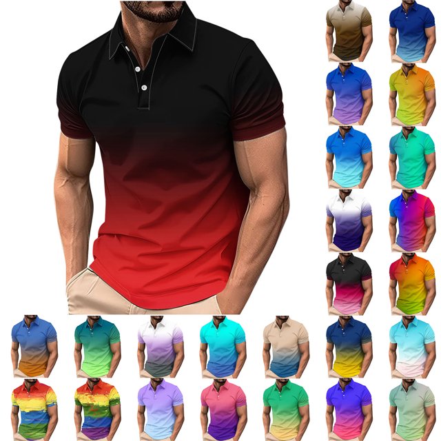 QATAINLAV Men's Casual Polos Shirt Fashion Gradient Color Print Short Sleeve Golf Shirts Summer Button Laple Work Tees Tops Multicolor L on Sale Clearance