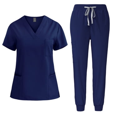 Styesk Sarraus pour Femmes Couleur Unie Ensembles de Sarraus Extensibles Cordons Pantalons de Sarrau Taille Haute Col en V Manches Courtes Hauts de Sarrau Joggers de Sarrau Confortables avec Poches Ensemble d'Uniforme d'Infirmière 2 Pcs