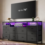 EDTara 63" Long TV Stand Dresser with 10 Fabric Drawers, Safety Power Outlet & LED Lights, Sturdy Storage Unit for 75 Inch TV, Modern Dresser for Bedroom, Living Room