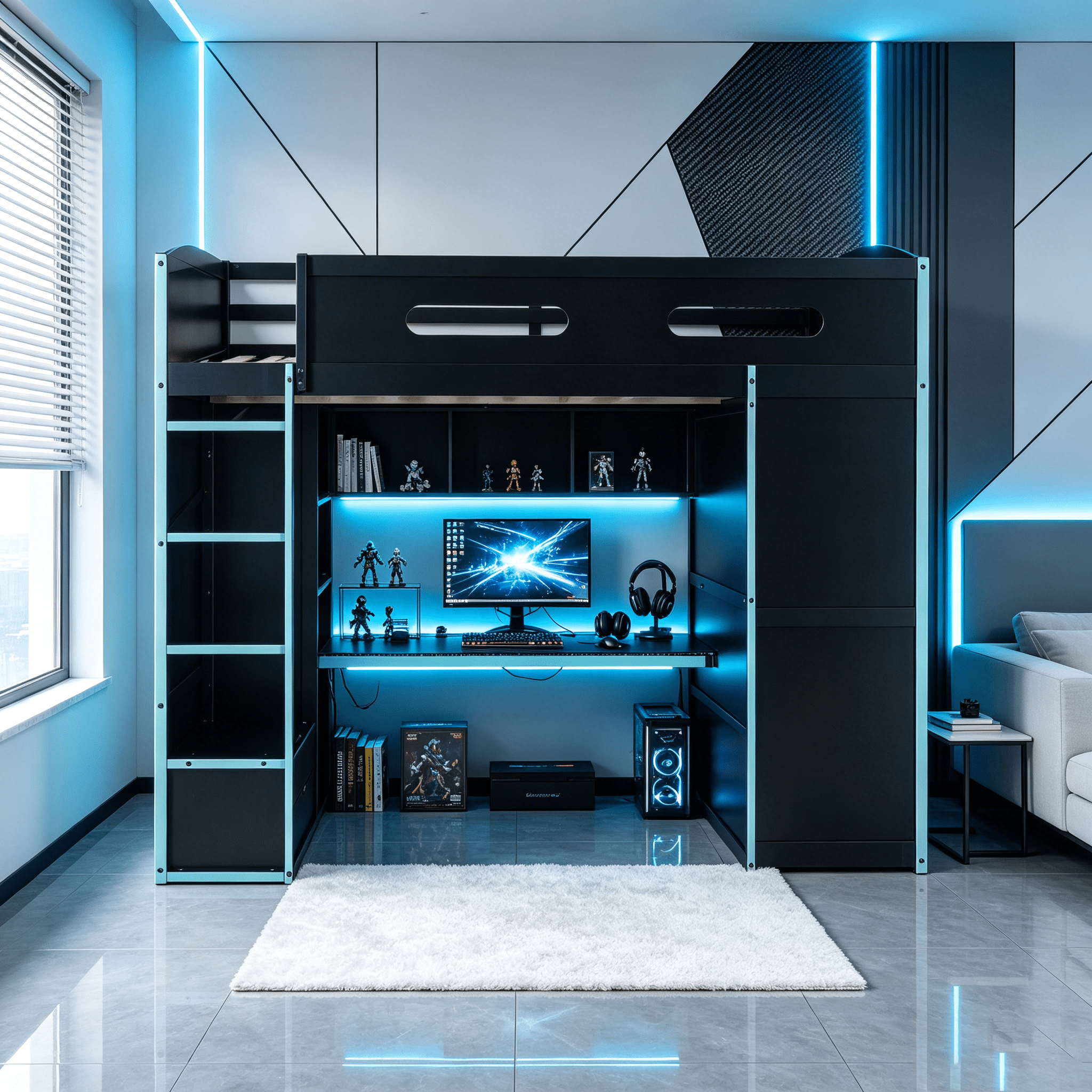 Homy Casa lit mezzanine double en bois avec bureau, armoire, tiroirs et RGB, bleu nuage