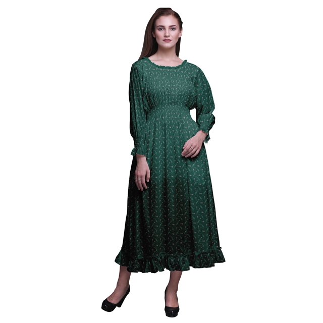 Bimba Robe Maxi à Volants pour Femmes, Manches Bishop, Col Rond, Taille Smockée - Petit