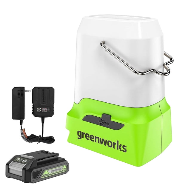 Greenworks 24V Lantern Cordless 500lm Camping Light Kit with USB-A and USB-C Port, 2Ah Battery and Charger Included