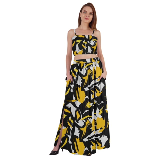Bimba 2 Pcs Robe de Plage Aguichant pour Femmes Imprimée Smockée Crop Top & Longue Jupe Ensemble