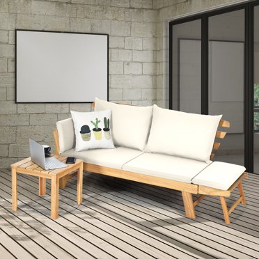 Gymax Causeuse de Patio Réglable Lit de Jour Mobilier en Bois d'Acacia avec Coussins Blancs