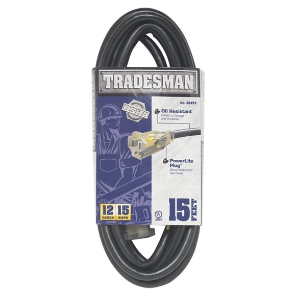 Woods 15 Foot 12 Gauge 15 Amp Extra Heavy Duty Vinyl Extension Cord, Black